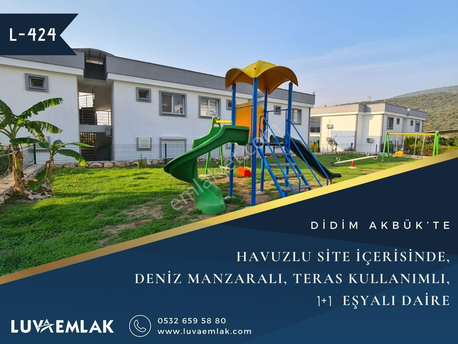 Didim Akbük Satılık Daire  DİDİM AKBÜK'TE HAVUZLU SİTEDE DENİZ MANZARALI KÖŞE KONUMDA 1+1 EŞYALI DAİRE