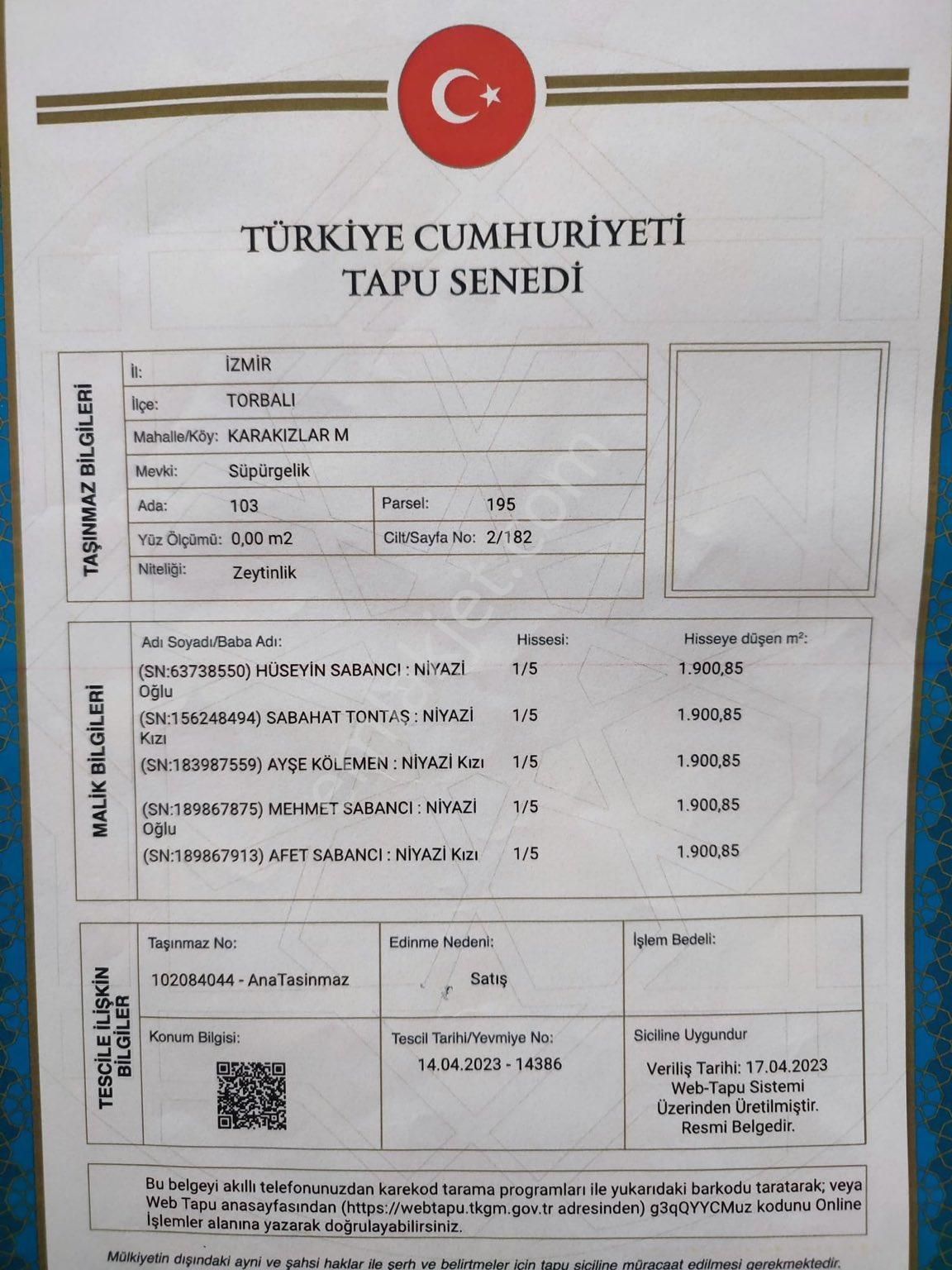 Torbalı Karakızlar Satılık Zeytinlik 1900 m2 zeytinik