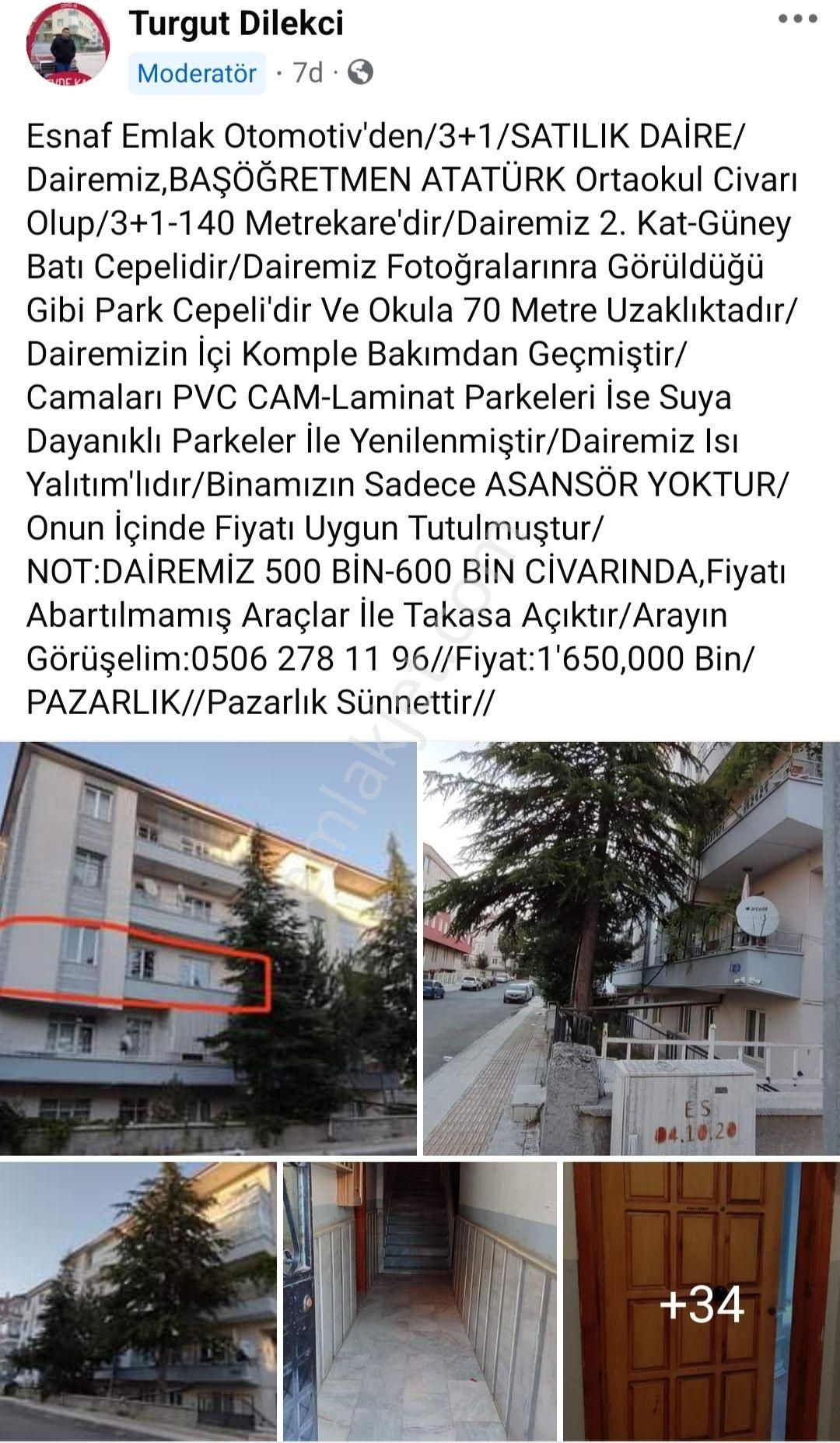 Çorum Merkez Gülabibey Satılık Daire Esnaf Emlak'tan/Başöğretmen Atatürk İmam Hatip Ortaokulu Civari 3+1 Daire