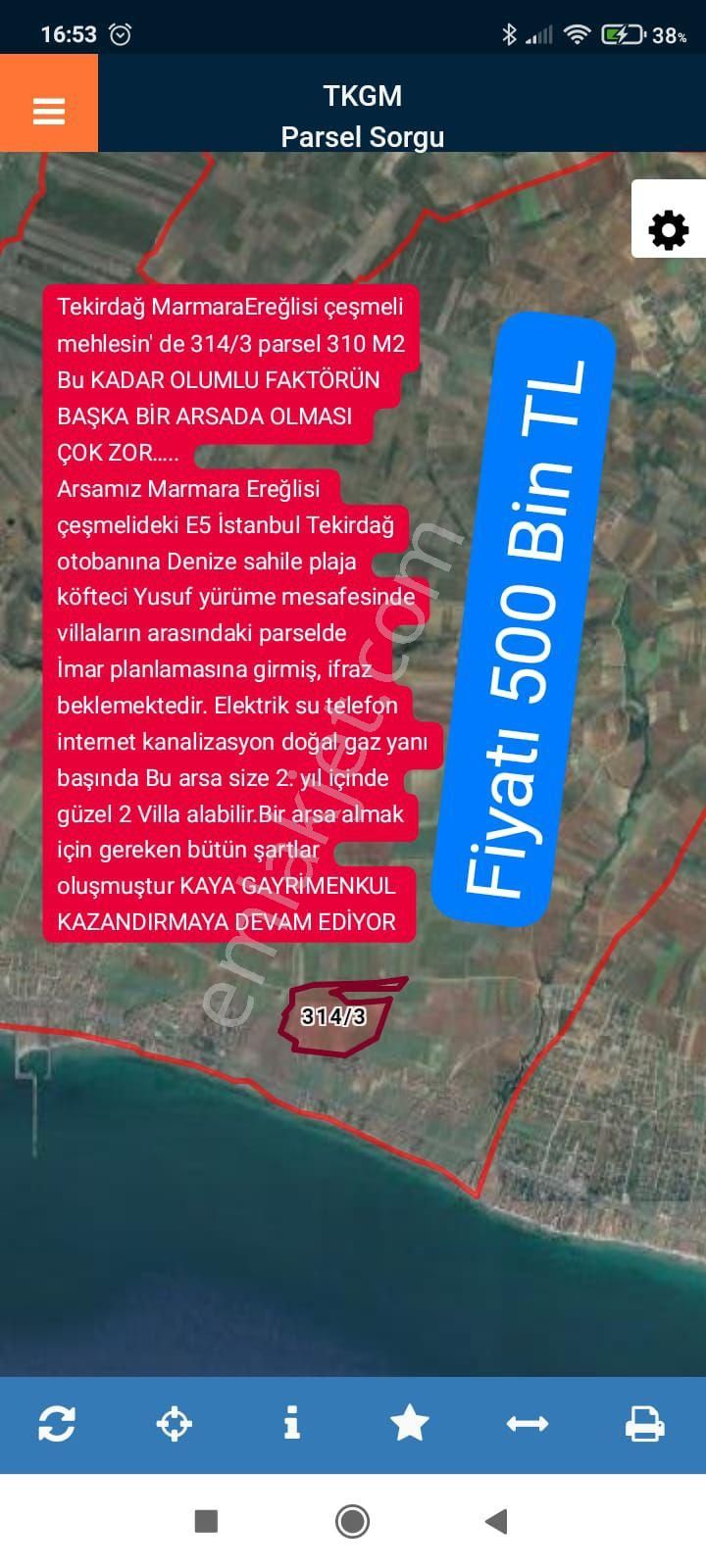 Marmaraereğlisi Çeşmeli Satılık Villa İmarlı Tekirdağ MarmaraEreğlisi çeşmeli mehlesin' de 314/3 parsel 310 M2Bu KADAR OLUMLU FAKTÖRÜN BAŞKA  