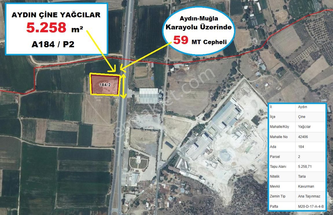 Çine Yağcılar Satılık Tarla  Aydın Çine Yağcılar'da 5.258 m2 Kupon Arazi