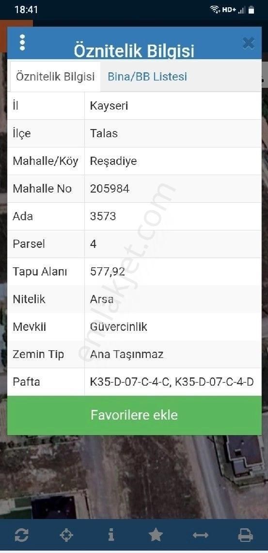 Talas Reşadiye Satılık Konut İmarlı Talas Reşadiye Mahallesinde 577,92 M2 Satılık Arsa