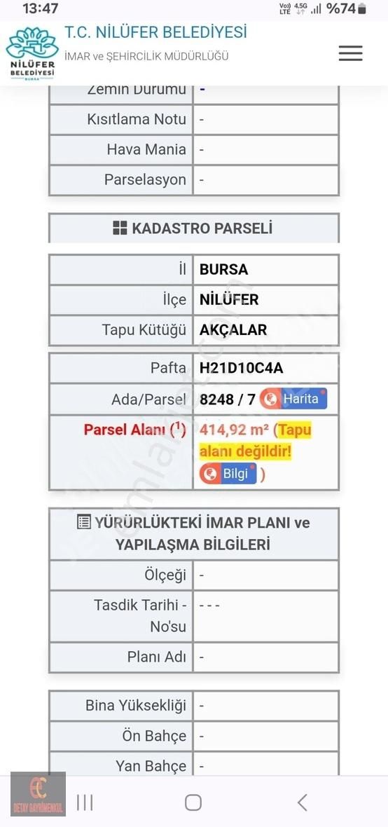 Nilüfer Akçalar Satılık Tarla AKÇALARDA SATILIK TARLA SUYU MEVCUT GÖL MANZARALI