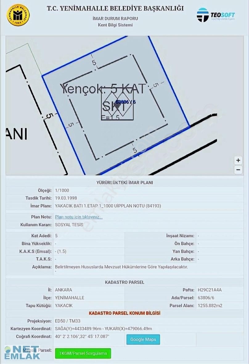 Yenimahalle Yakacık Satılık Muhtelif Arsa Yenimahalle Yakacık imar 1.5 emsal skt