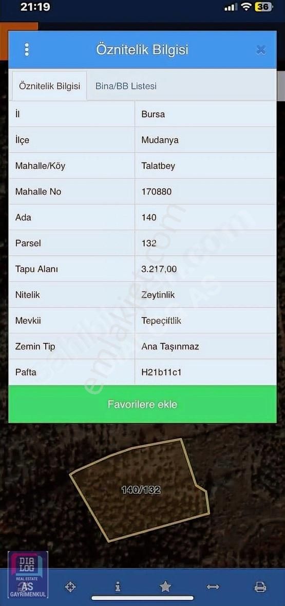 Mudanya Tirilye Satılık Zeytinlik Bursa Mudanya Talatbey'de (Tirilye) 3.217 m2 Zeytinlik