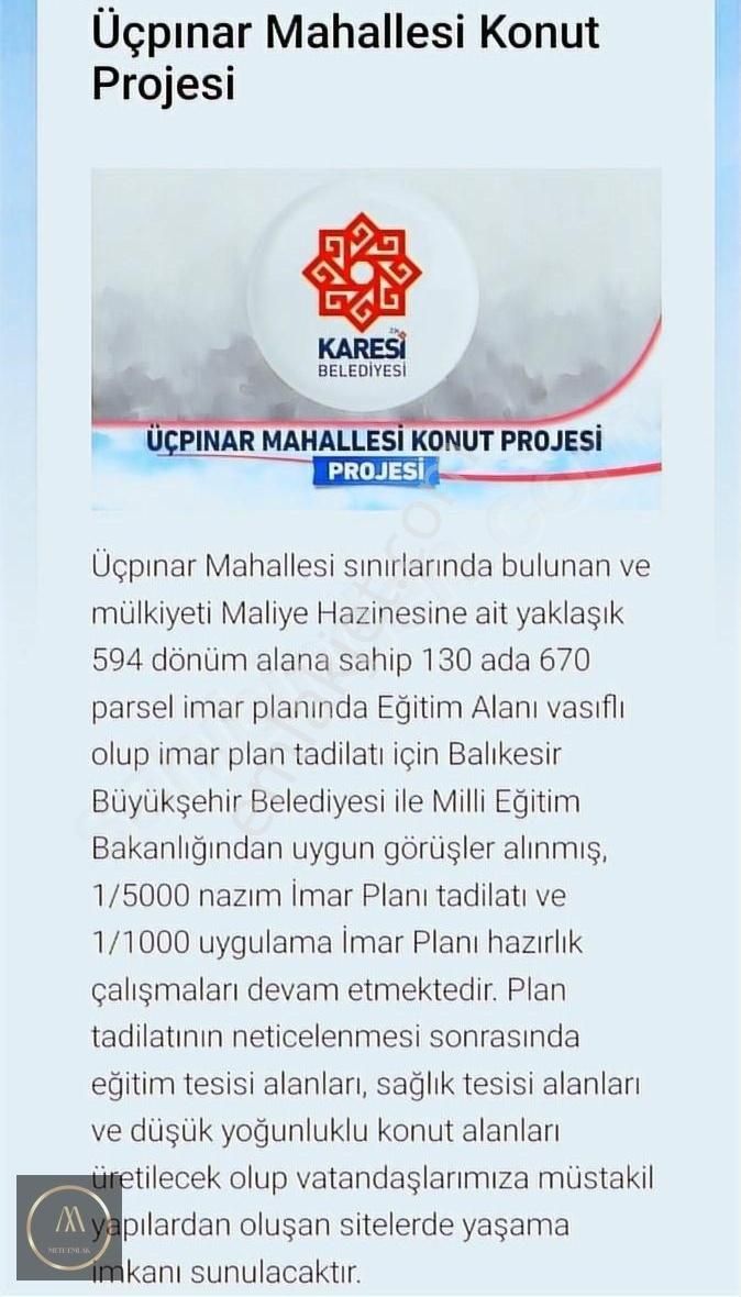 Karesi Üçpınar Satılık Tarla Balıkesir Karesi Üçpınar Mh'de Satılık 1.088 M2 İmar Alaninda