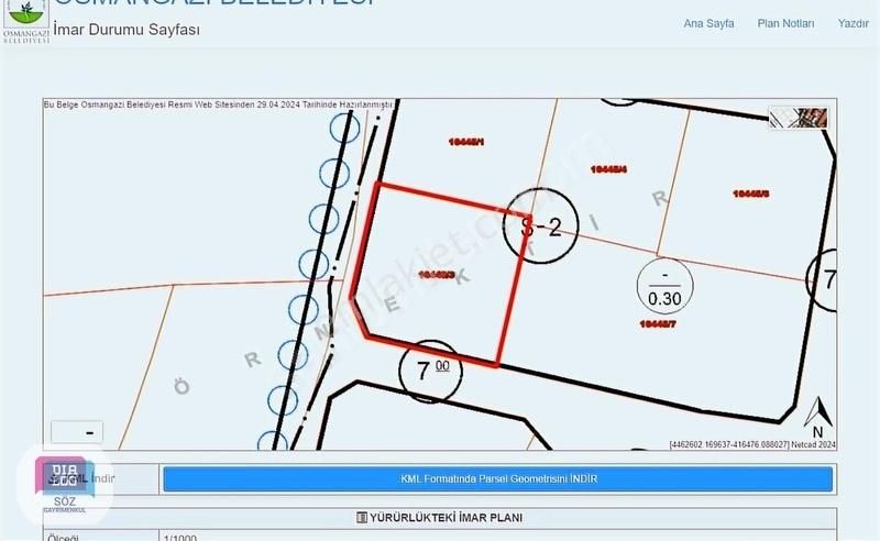 Osmangazi Çağlayan Satılık Villa İmarlı Çağlayan Köyünde Bursa Manzaralı 614m2 Villa İmarlı Satılık Arsa