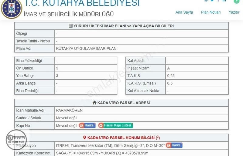 Kütahya Merkez Parmakören Satılık Konut İmarlı DEMİRLAND'DAN SATILIK PARMAKÖREN'DE VİLLALIK ARSALAR