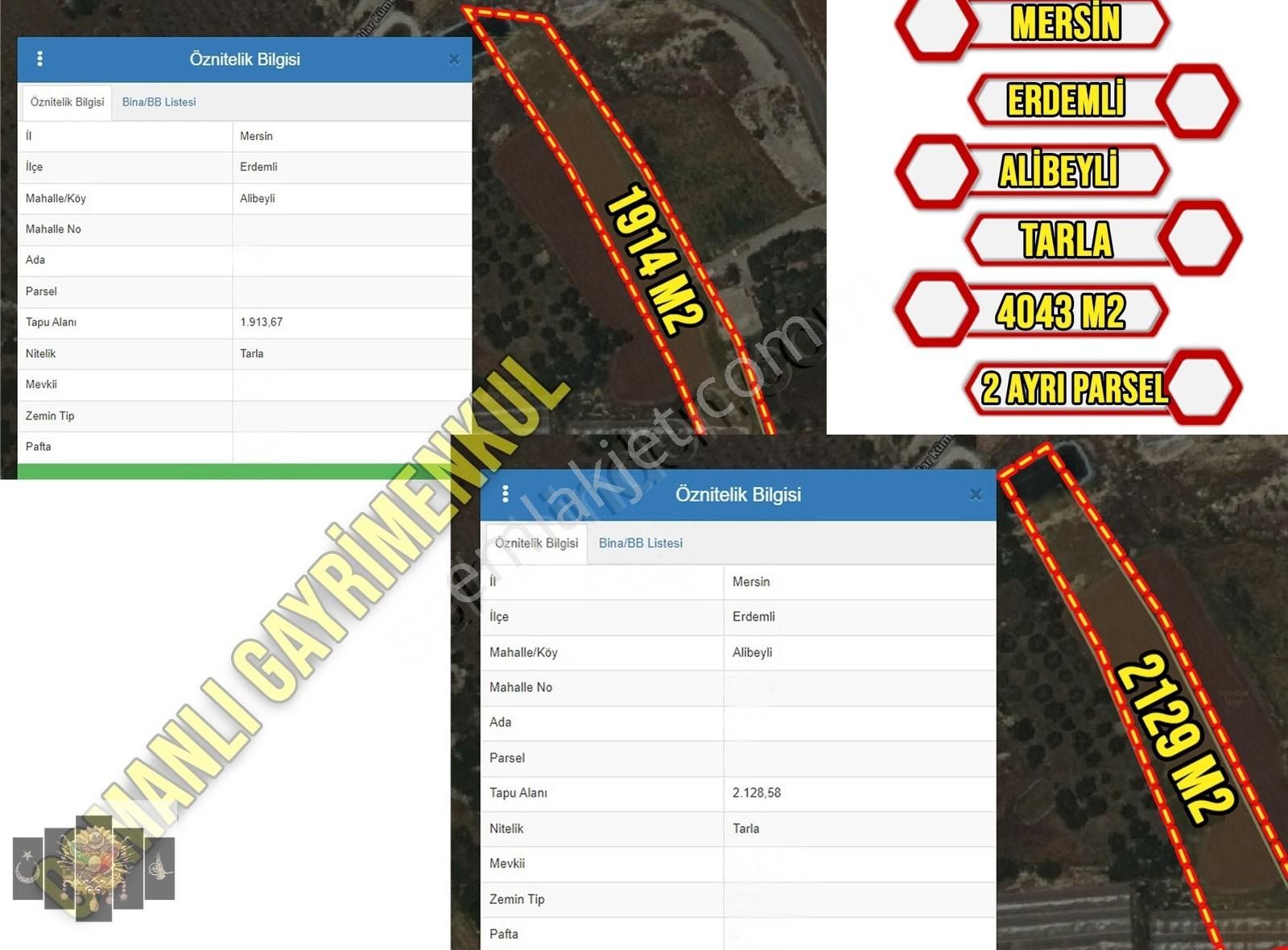 Erdemli Alibeyli Satılık Tarla ERDEMLİ ALİBEYLİ MAHALLESİ 4043 M2 2 MUSTAKİL SATILIK PARSEL