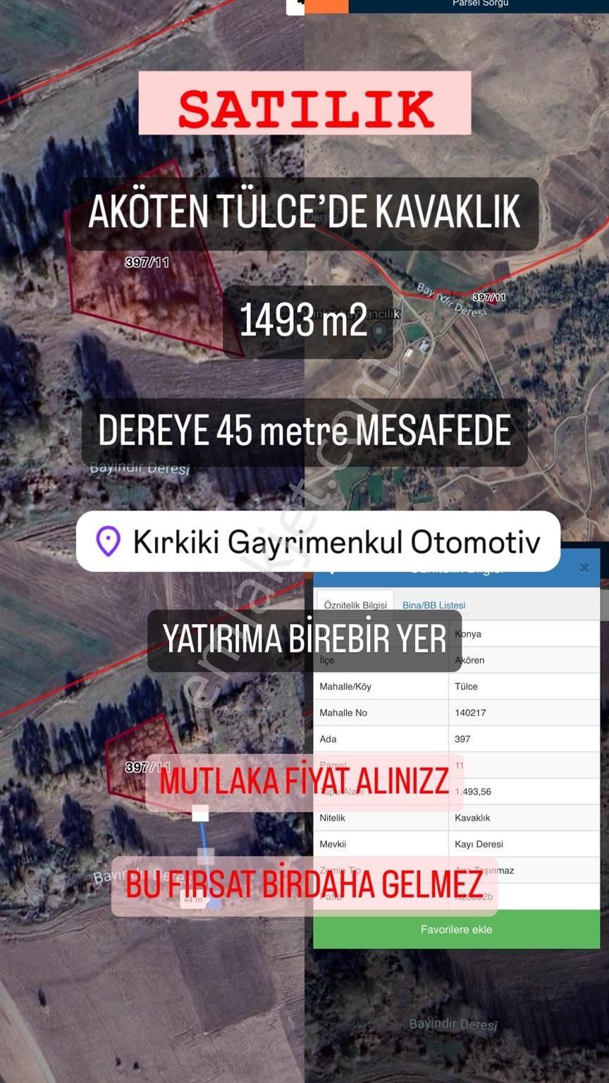 Akören Tülce Satılık Bağ & Bahçe AKÖREN TÜLCE’DE 1493 m2 KAVAKLIK