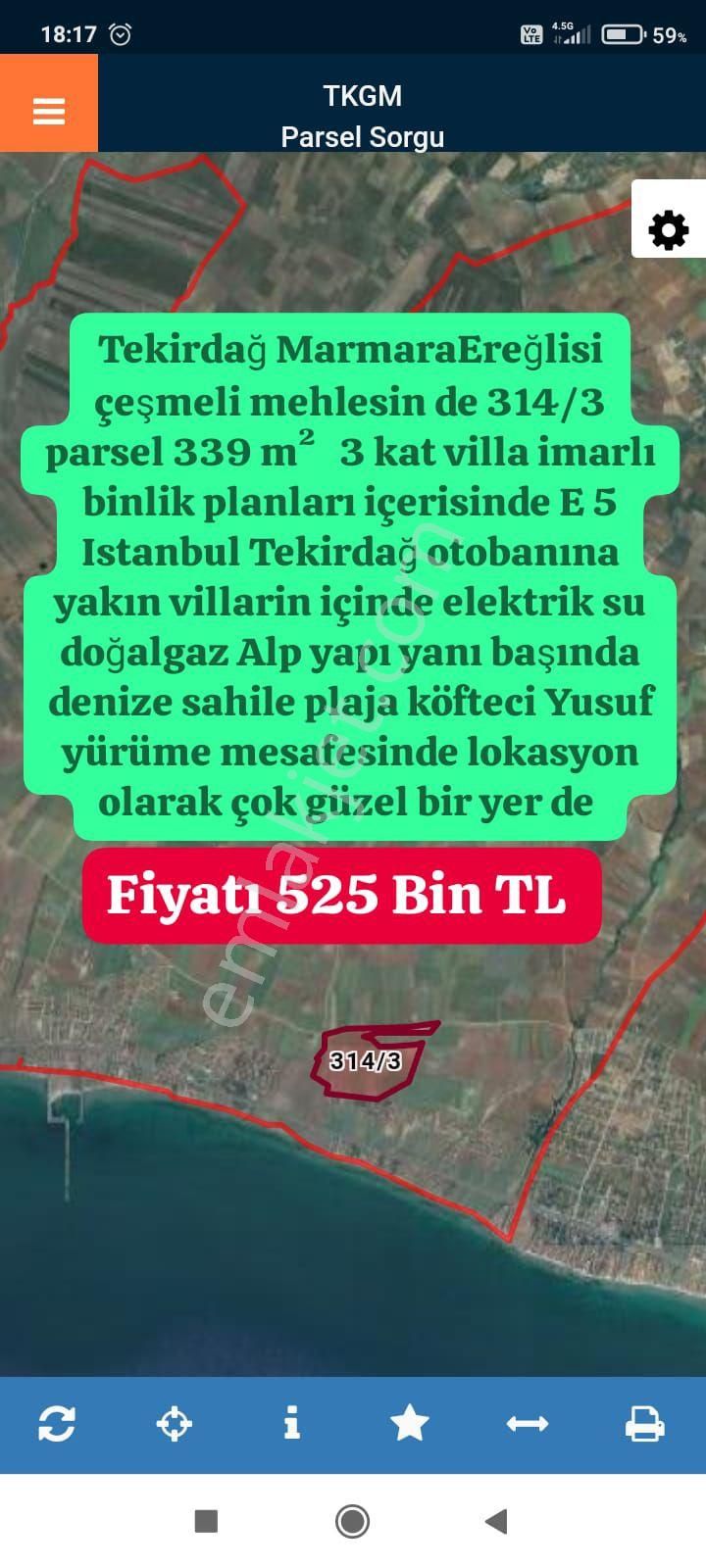 Marmaraereğlisi Çeşmeli Satılık Konut İmarlı Tekirdağ MarmaraEreğlisi çeşmeli mehlesin de 314/3 parsel 339 m²   3 kat villa imarlı binlik planla 