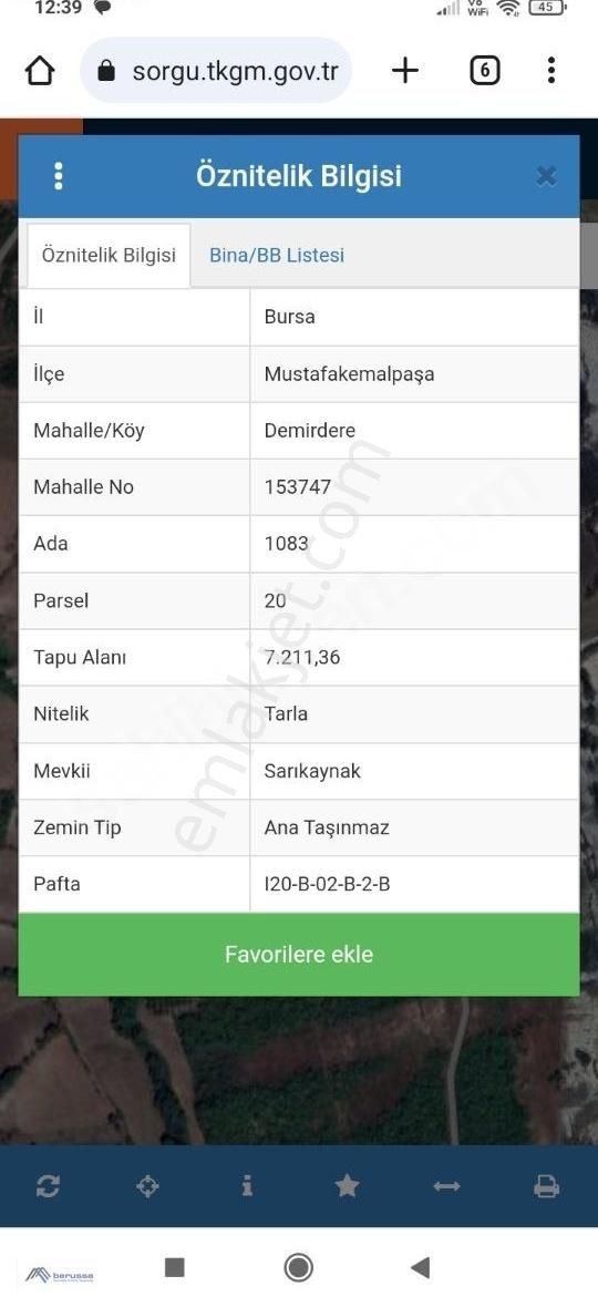 Mustafakemalpaşa Demirdere Satılık Tarla BURSA MUSTAFAKEMALPAŞA DEMİRDERE 7200M2 SATILIK TARLA