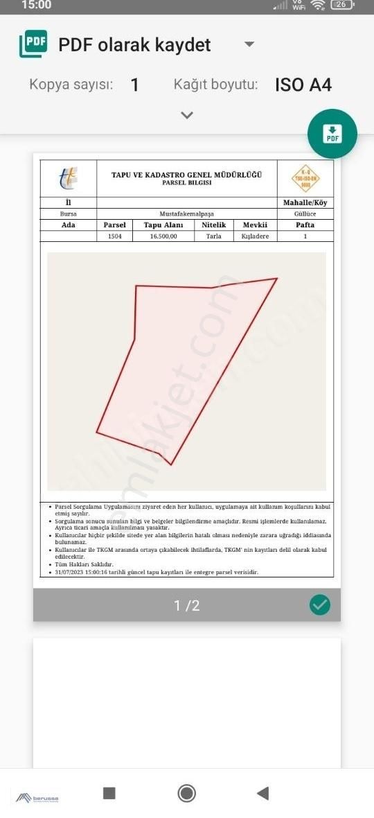 Mustafakemalpaşa Güllüce Satılık Tarla Bursa Mustafakemalpaşa Güllüce Osb Yanı 16500m2 Satılık Tarla