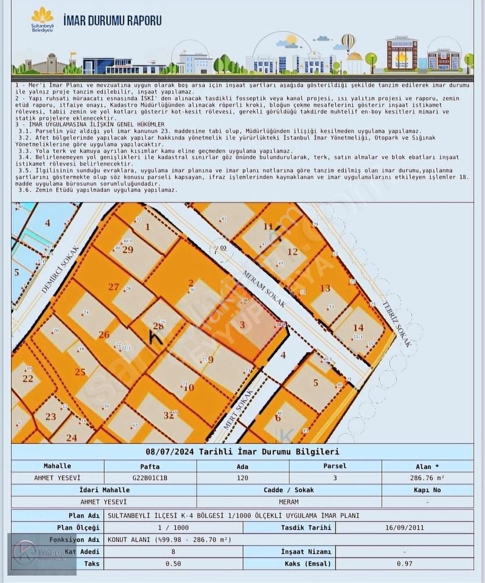 Sultanbeyli Ahmet Yesevi Satılık Konut İmarlı FIRSAT !!! ÇOK İYİ FİYAT AHMET YESEVİ MAH. SATILIK 287 M2 ARSA