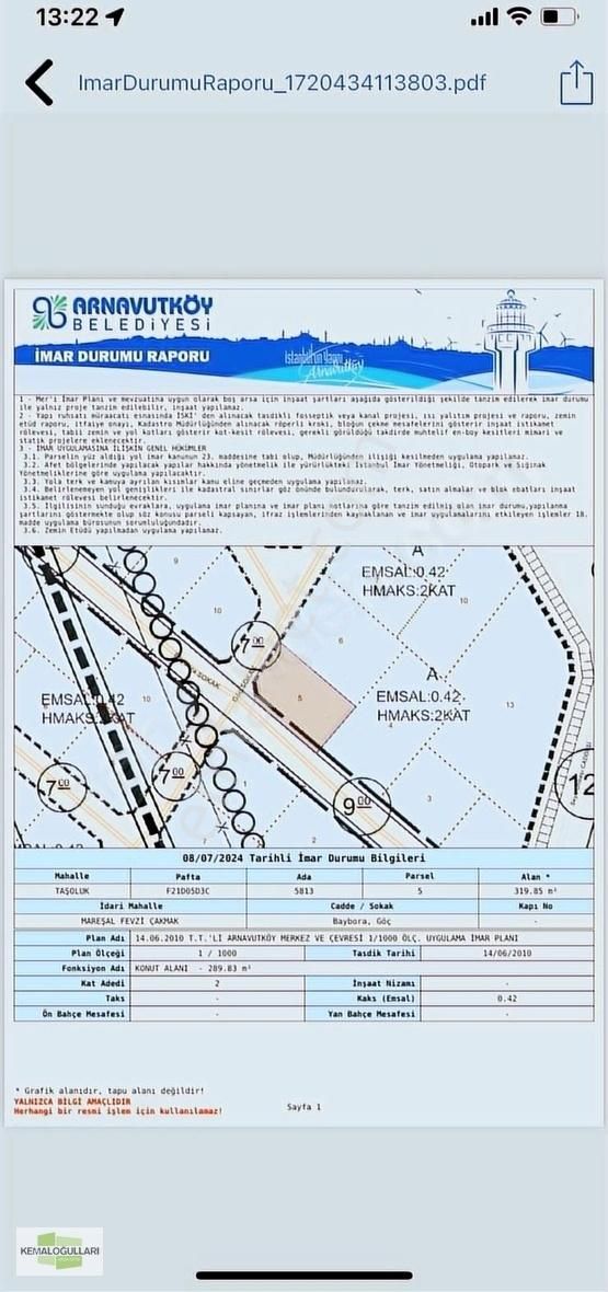 Arnavutköy Mareşal Fevzi Çakmak Satılık Konut İmarlı Arnavutköy Taşolluk Köşe Başı 320 M2 Arsa