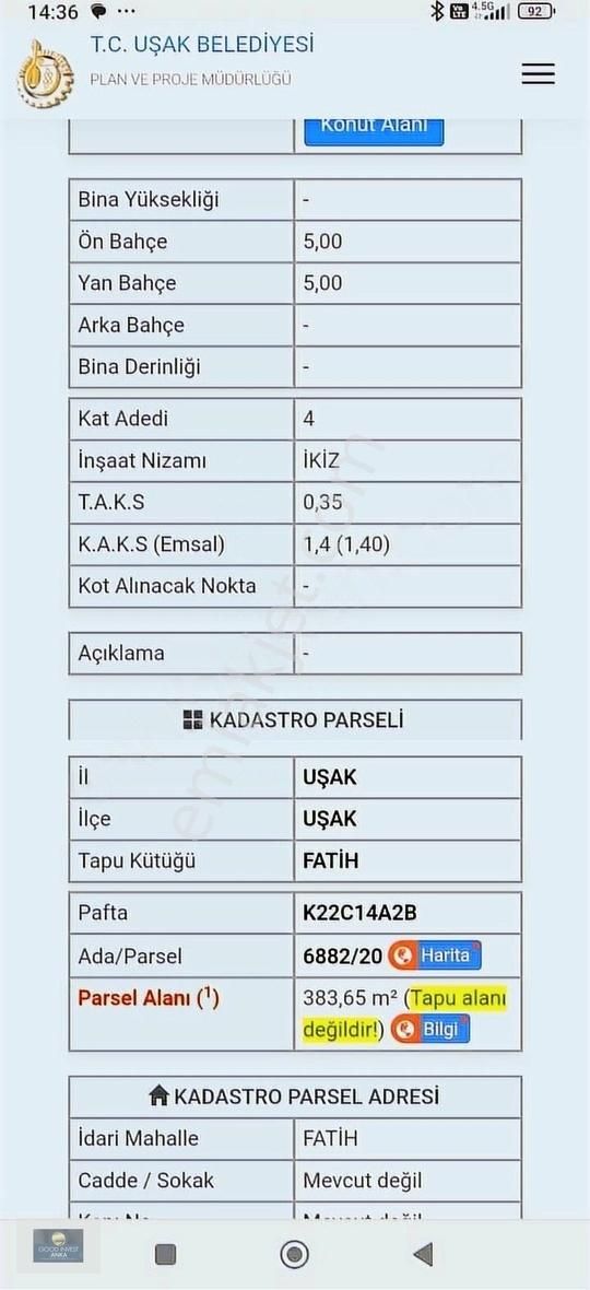 Uşak Merkez Fatih Satılık Konut İmarlı Fatih Mah 4 Kata İmarlı Bitişik İki Arsa