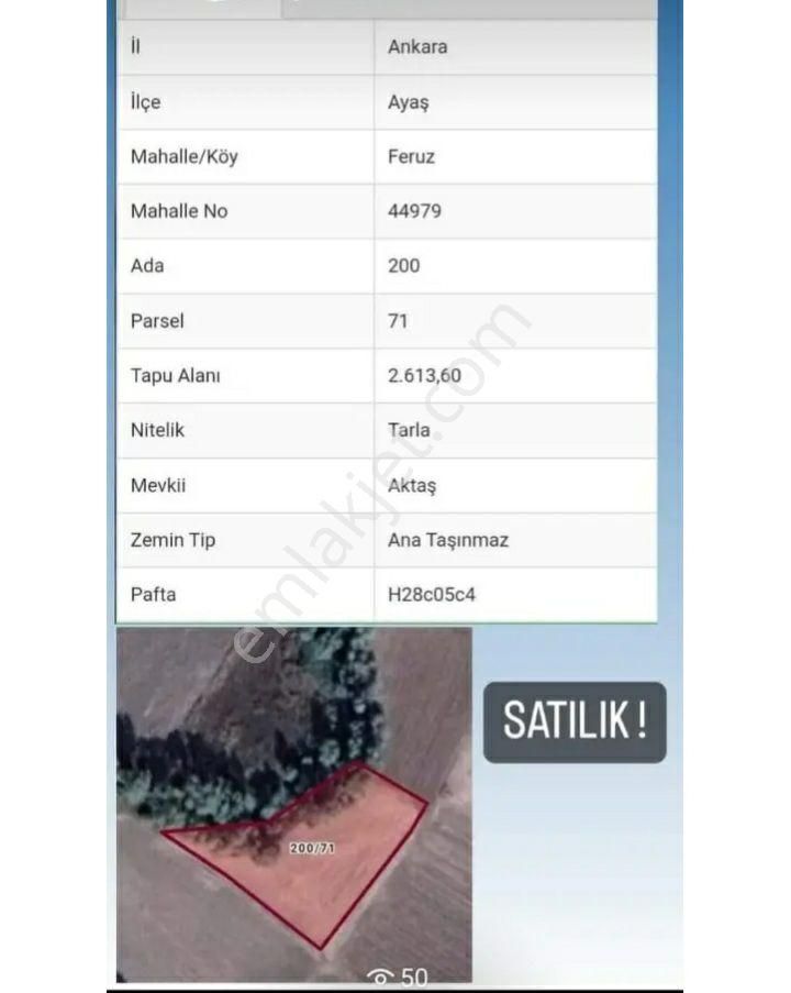 Ayaş Feruz Satılık Tarla ankara ayas feruz 2650 m2 yerleşim yakını yatırımlık ister evini yap