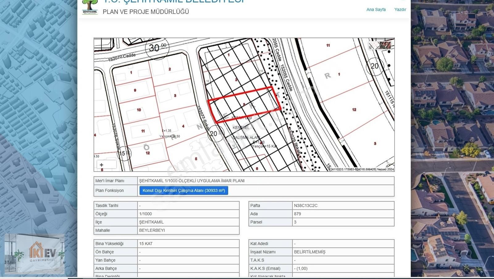 Şehitkamil Beylerbeyi Satılık Ticari İmarlı Beylerbeyi Fıstıklıkda Ana Cadde Üstü 2250m2 Ticari Satılık Arsa