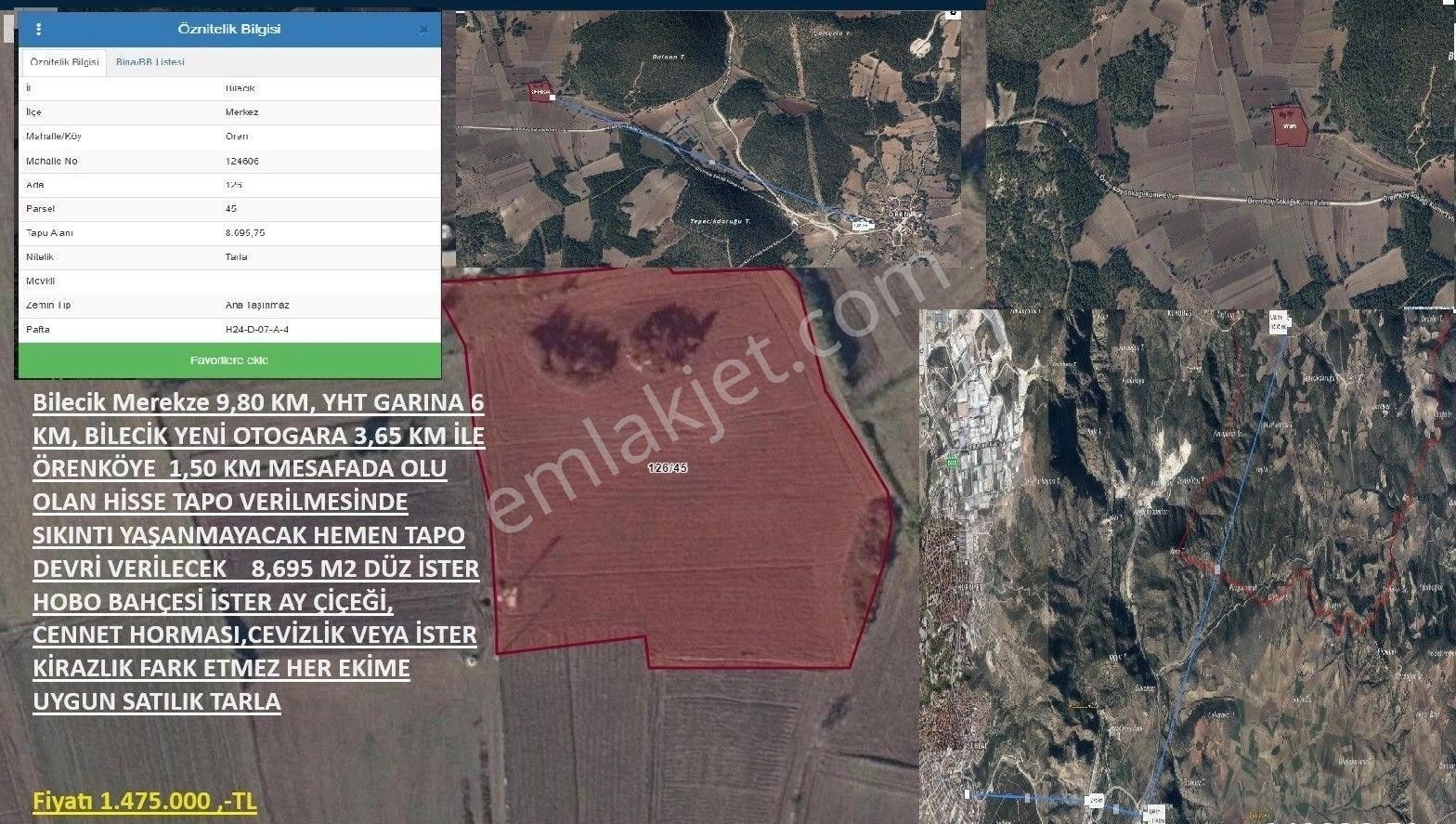 Bilecik Merkez Ören Köyü Satılık Tarla BİLECİK AKADEMİ EMLAK DANIŞMANLIĞI`NDAN SATILIK 8,695 M2 TARLA