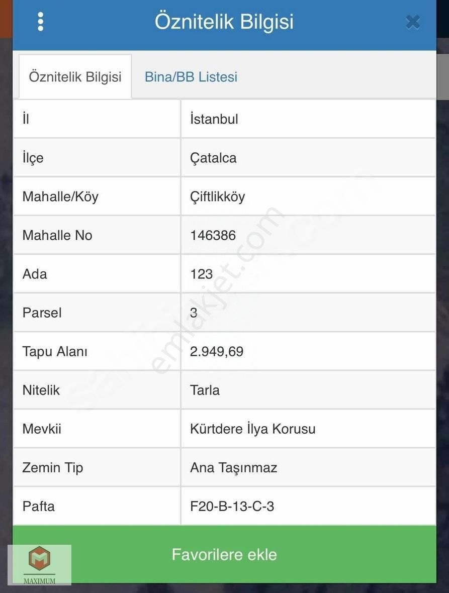 Çatalca Çiftlikköy Satılık Tarla ÇATALCA ÇİFTLİKKÖY'DE 2.950 M2 TEK TAPULU YATIRIMLIK TARLA