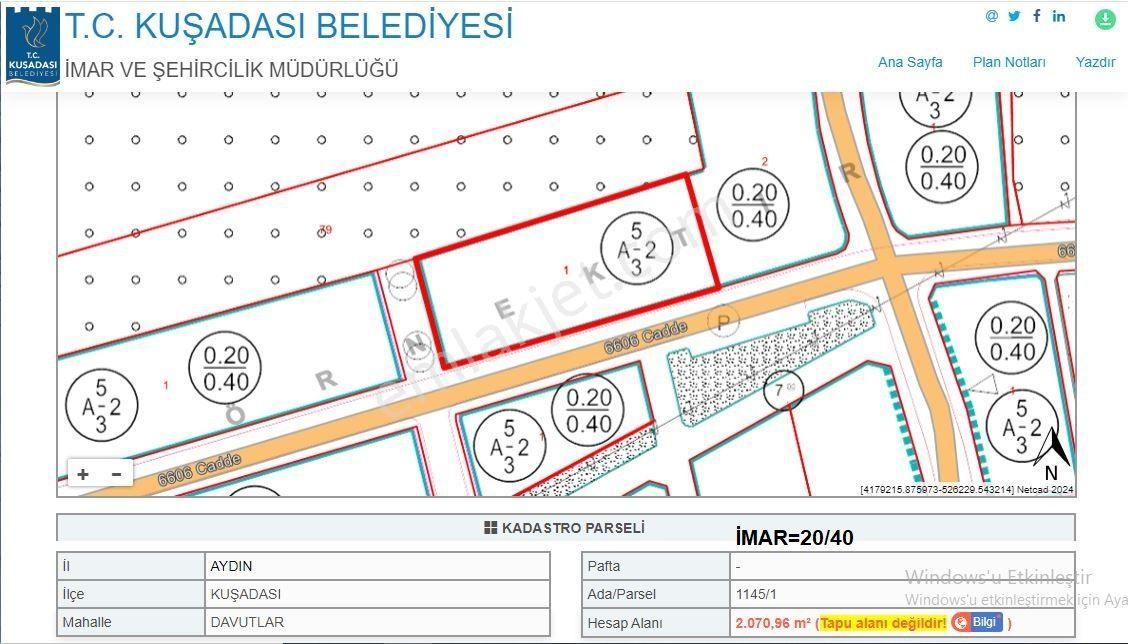 Kuşadası Davutlar Satılık Konut İmarlı  TURYAP'tan DAVUTLAR'DA SATILIK 20/40 İMARLI ARSA