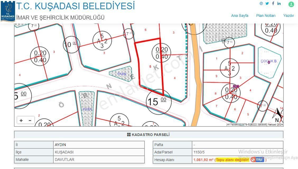 Kuşadası Davutlar Satılık Konut İmarlı  TURYAP'tan SATILIK 20/40 VİLLA İMARLI ARSA KUŞADASI DAVUTLAR