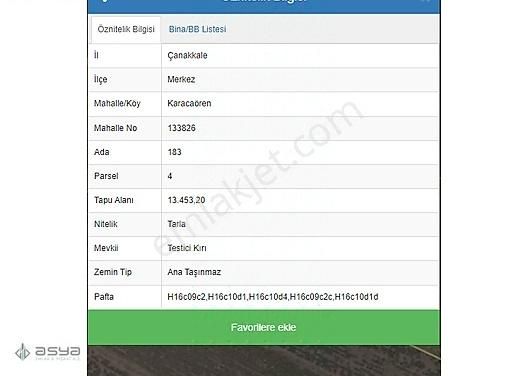 Çanakkale Merkez Karacaören Köyü Satılık Tarla ÇANAKKALE MERKEZ KARACAÖREN KÖYÜ 1.728 m2 SATILIK TARLA HİSSESİ