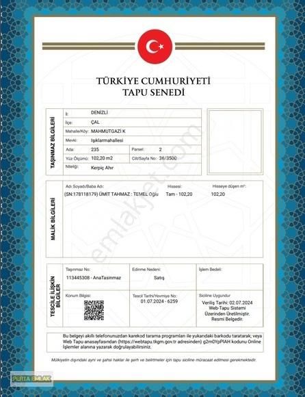 Çal Mahmutgazi Satılık Müstakil Ev DENİZLİ ÇAL MÜSTAKİL EV TAPU SAHİBİ PERTA EMLAK ÜMİT TAHMAZ