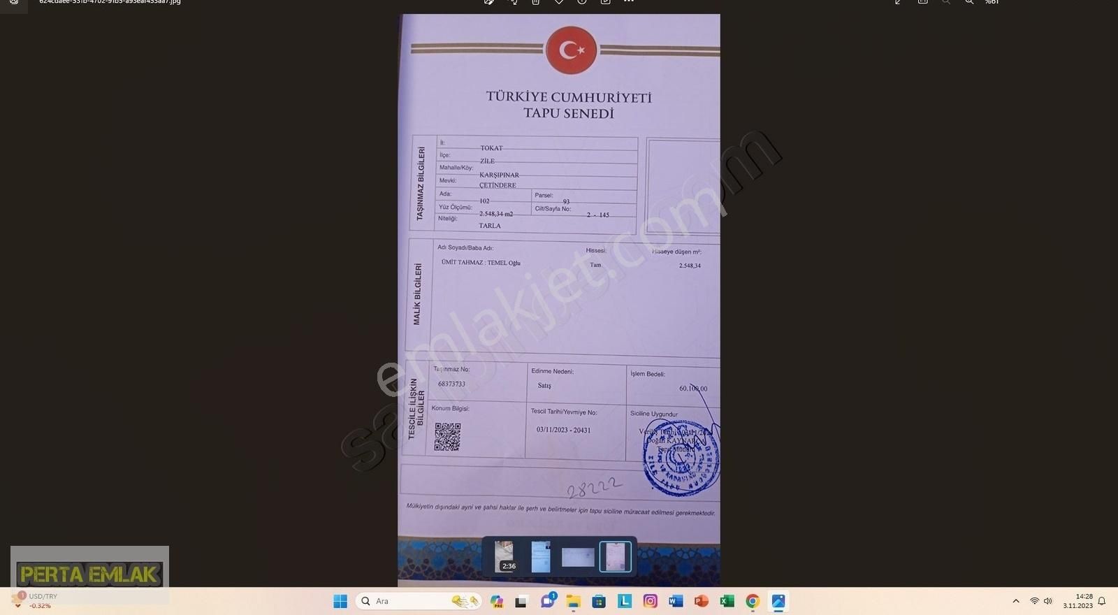 Zile Karşıpınar Köyü Satılık Tarla TOKAT ZİLE ARSA TAPU SAHİBİ PERTA EMLAK ÜMİT TAHMAZ