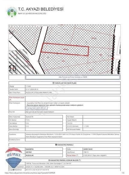 Akyazı Kuzuluk Topçusırtı Satılık Sanayi İmarlı KUZULUK DA SANAYI İMARLI 5500 M2 ARSA