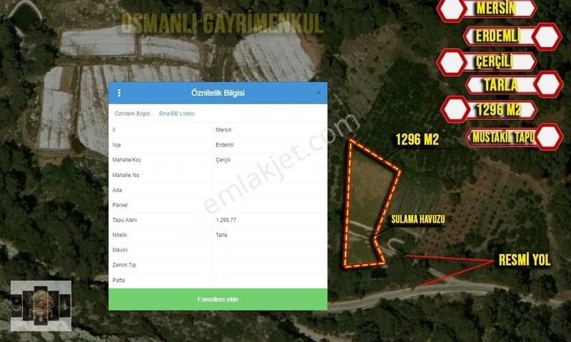 Erdemli Çerçili Satılık Tarla Erdemli Çerçili Mahallesi Satılık 1296 M2 Parsel