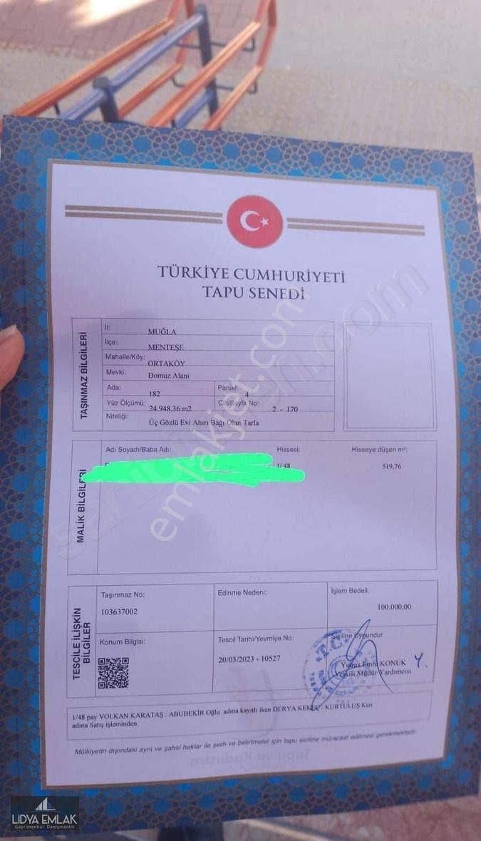 Menteşe Ortaköy Satılık Tarla MUĞLA MENTEŞE ORTAKÖY DE SATLIK TARLA