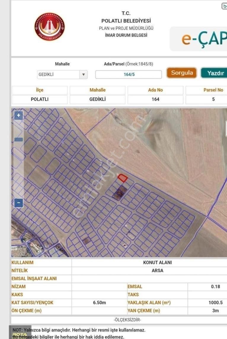 Polatlı Gedikli Satılık Konut İmarlı  POLATLI GEDİKLİ'DE TEK TAPU 1000 M2 KÖŞE PARSEL FIRSAT ARSA