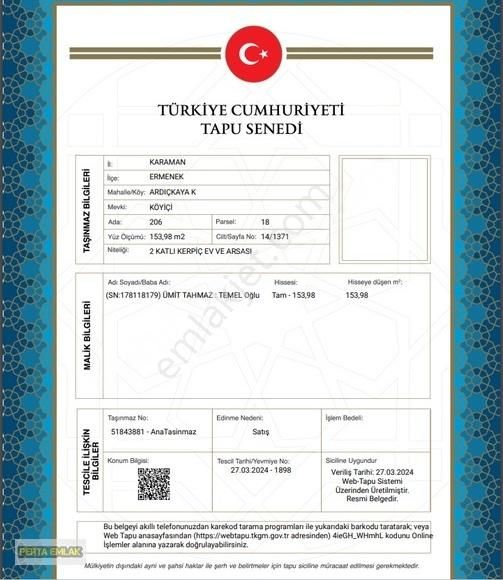 Ermenek Ardıçkaya Köyü (Değirmen) Satılık Müstakil Ev KARAMAN ERMENEK 2 KATLI EV TAPU SAHİBİ PERTA EMLAK ÜMİT TAHMAZ