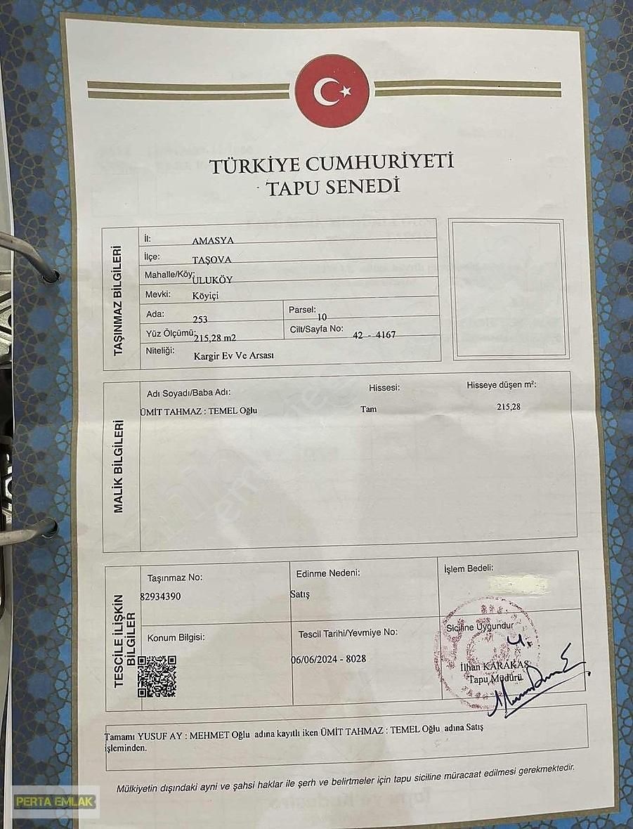 Taşova Uluköy Köyü (Ergüneş) Satılık Müstakil Ev Amasya Taşova Müstakil Ev Tapu Sahibi Perya Emlak Ümit Tahmaz