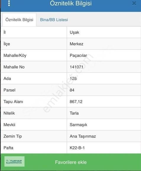 Uşak Merkez Paçacılar Köyü (Sarmaşık) Satılık Tarla Uşak Merkez'de Satılık 867 m2 Tarla