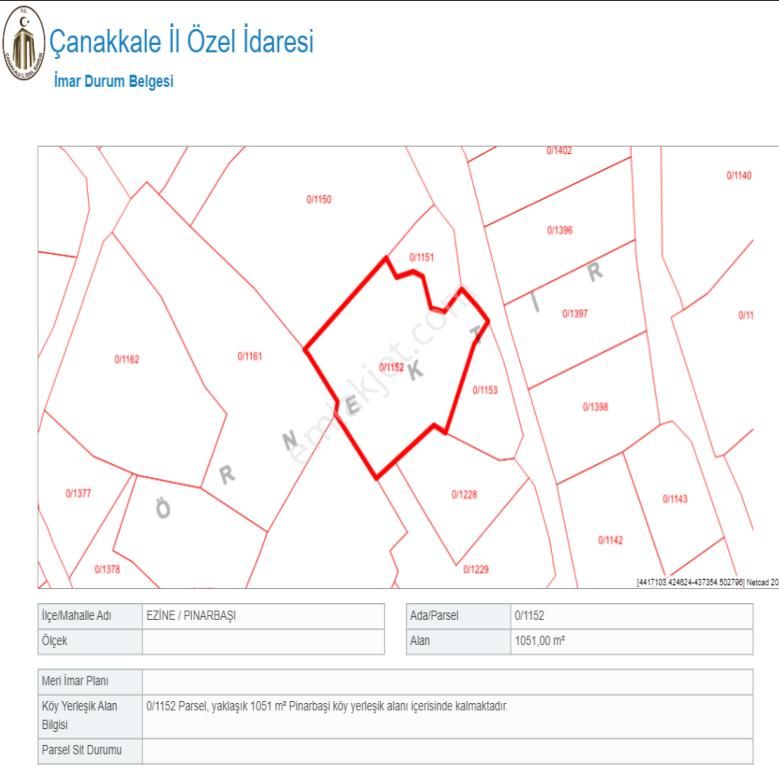 Ezine Pınarbaşı Köyü Satılık Konut İmarlı  ÇANAKKALE EZİNE PINARBAŞI KÖYÜ 1,051 M² SATILIK İMARLI ARSA