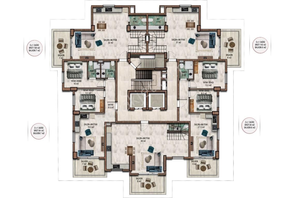 Kurt Safir Flower Sitesi, Deniz Manzaralı, Projeden 2+1 Daire - Görsel 7