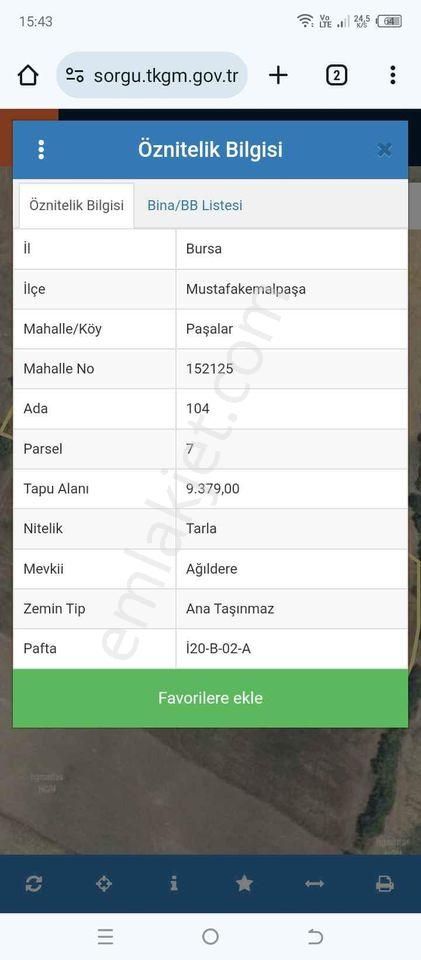 Mustafakemalpaşa Paşalar Satılık Tarla MUSTAFAKEMALPAŞA PAŞALAR MAH. 9379 M2 SATILIK ARAZİ.