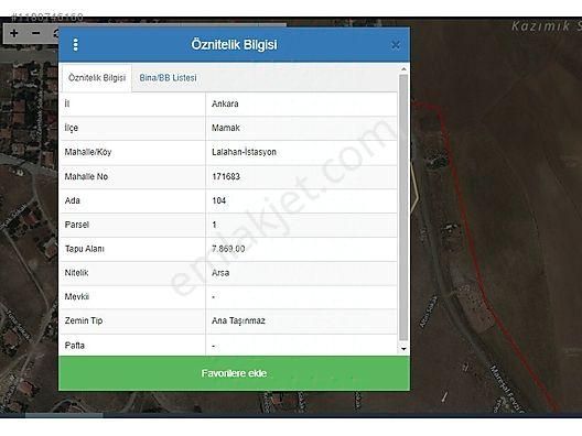 Mamak Lalahan Satılık Konut İmarlı Mamak Lalahan'da Satılık İmarlı Arsa 7869 M2 Tek Tapu