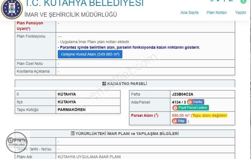 Kütahya Merkez Parmakören Satılık Konut İmarlı DEMİRLAND'DAN SATILIK PARMAKÖRENDE VİLLALIK YAN YANA 2 ADET ARSA