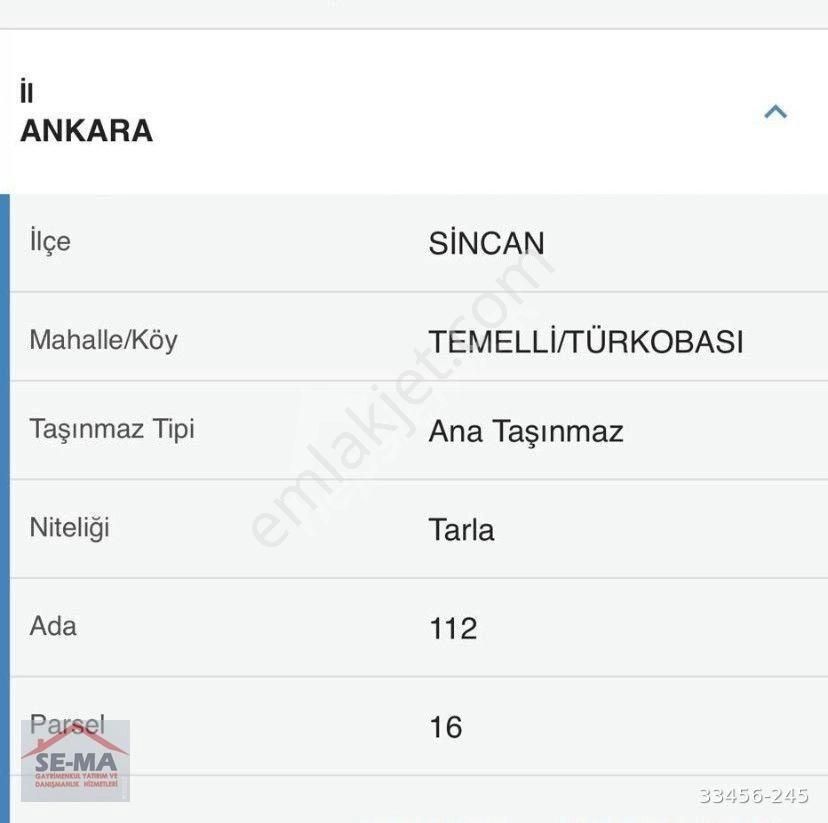 Sincan Türkobası Satılık Tarla Sincan Temelli Türkobası'nda Satılık Tarla