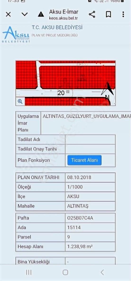 Antalya Aksu Satılık Ticari İmarlı REMAX QUALITY'DEN 1238 M2 TAM KIRMIZI TİCARİ KUPON ARSA