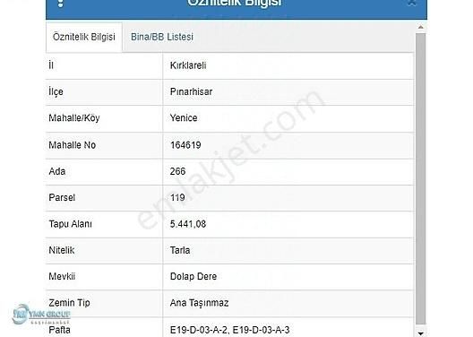 Pınarhisar Yenice Köyü (Hürriyet) Satılık Tarla KIRKLARELİ PINARHİSAR YENİCE DE YATIRIMLIK TARLA 544 M2