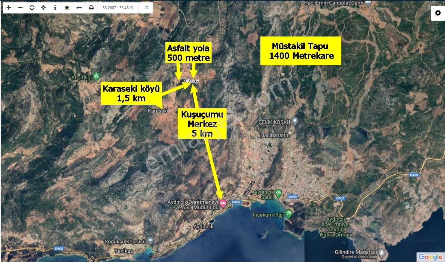 Aydıncık Karaseki Satılık Bağ & Bahçe  KARASEKİ KÖYÜ 1400 m² MÜSTAKİL TAPU