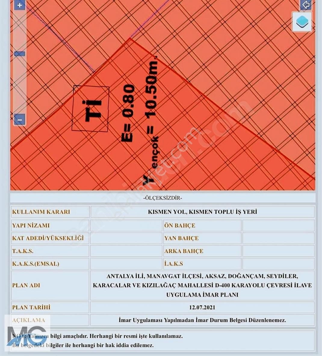 Manavgat Doğançam Satılık Ticari İmarlı DOĞANÇAM MEVKİ D-400 YOLUNA CEPELİ 0.80 EMSAL TİCARİ ARSA