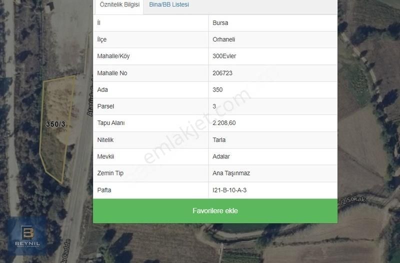 Orhaneli 300 Evler Satılık Tarla BEYNİL'DEN Orhaneli'de Anayola cephe 2208m2 tarla