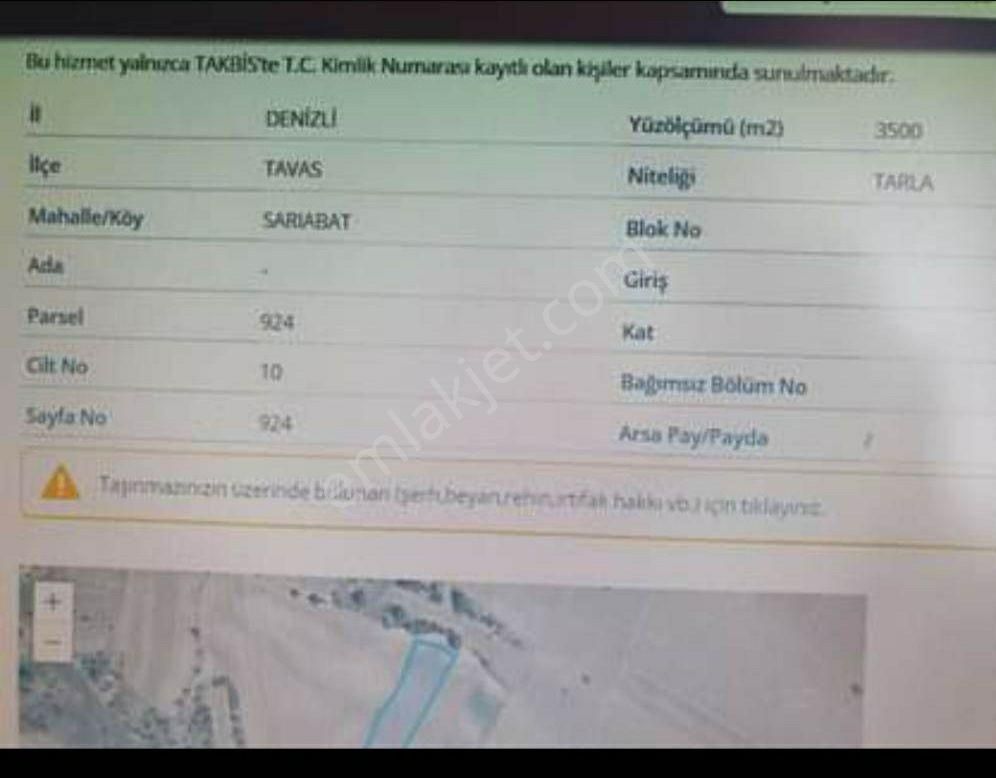 Tavas Sarabat Satılık Tarla 3500 m2 Denizli Halı arkasında müstakil parsel imar çalışması olan bölge 