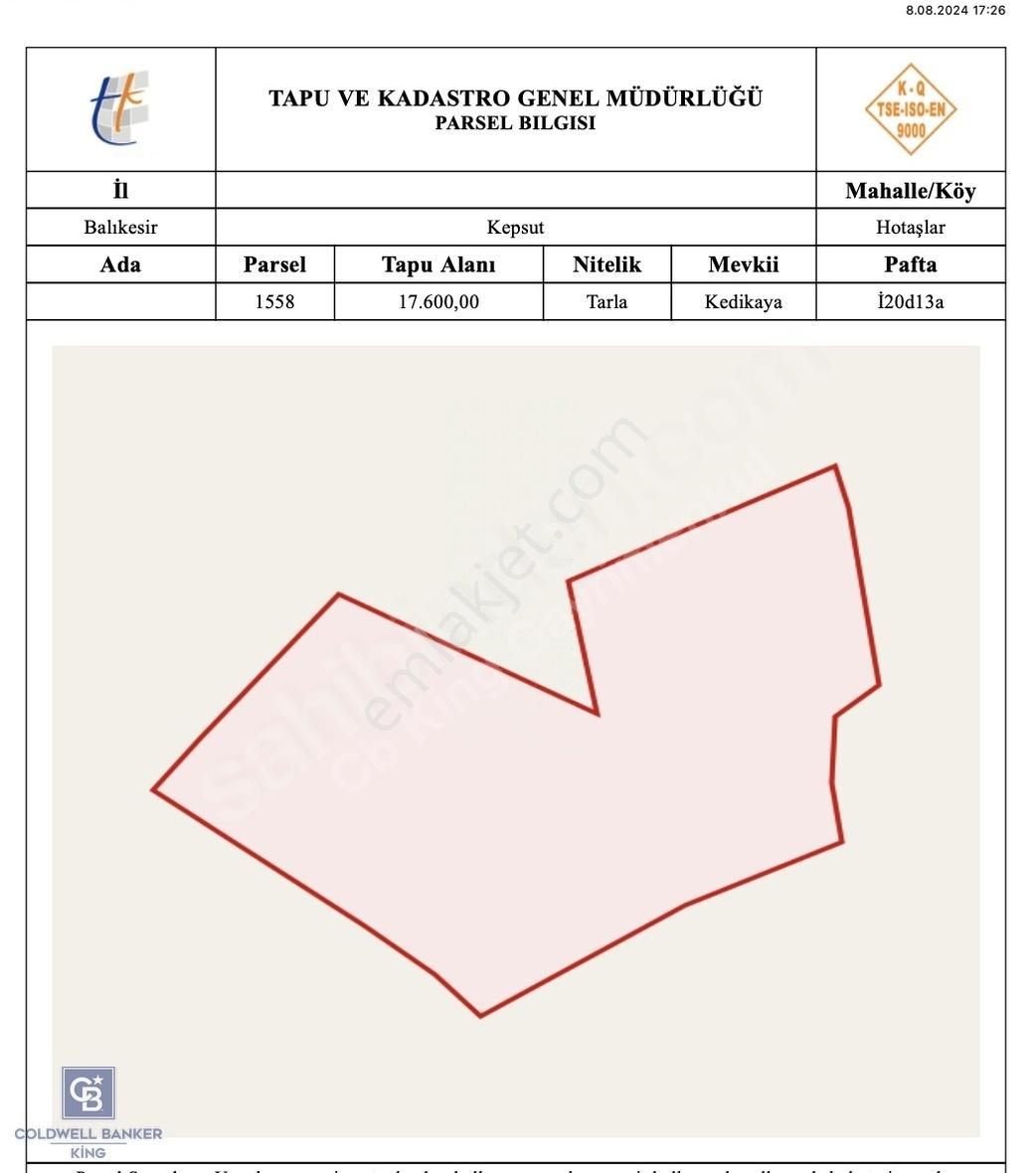 Kepsut Hotaşlar Satılık Tarla CB KİNG DEN KEPSUT HOTAŞLAR MAH 13 DÖNÜM SALITIK TARLA