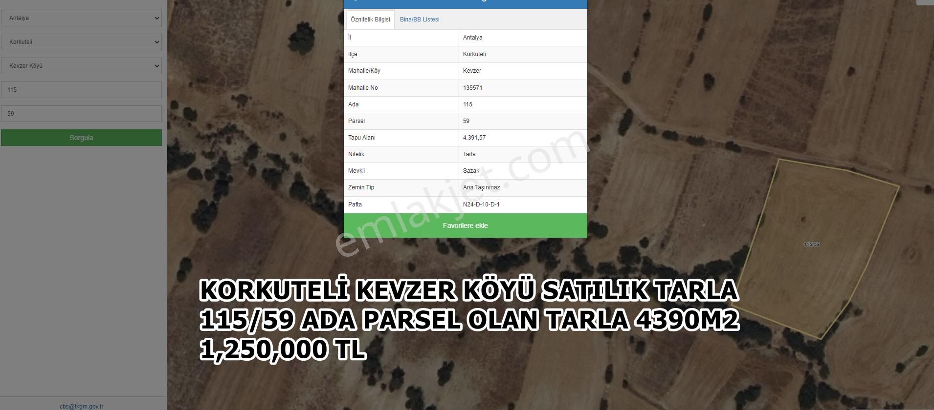 Korkuteli Kevzer Satılık Tarla  KORKUTELİ KEVZER SATILIK TARLALAR